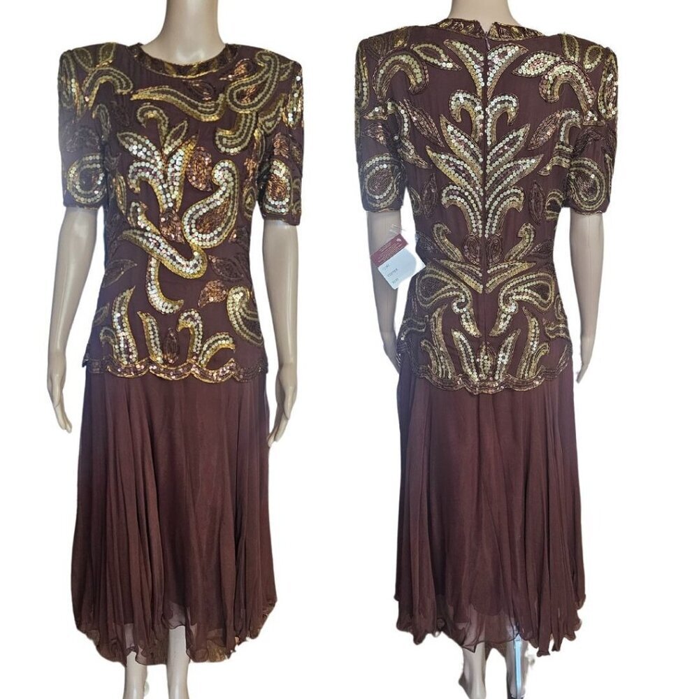 Lady Monica Silk Beaded Vintage Modest Evening Gown Small